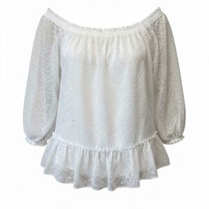 Banana Republic White 3/4 Sleeve Semi Sheer Peplum Clip Dot Blouse Size Medium